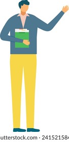 Young male teacher gesturing with one hand while holding documents. Casual business presentation and education concept vector illustration.
