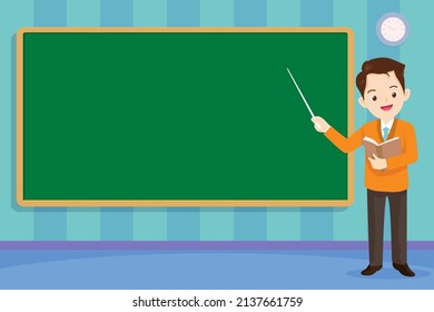 Young male teacher hold a book at blackboard in classroom