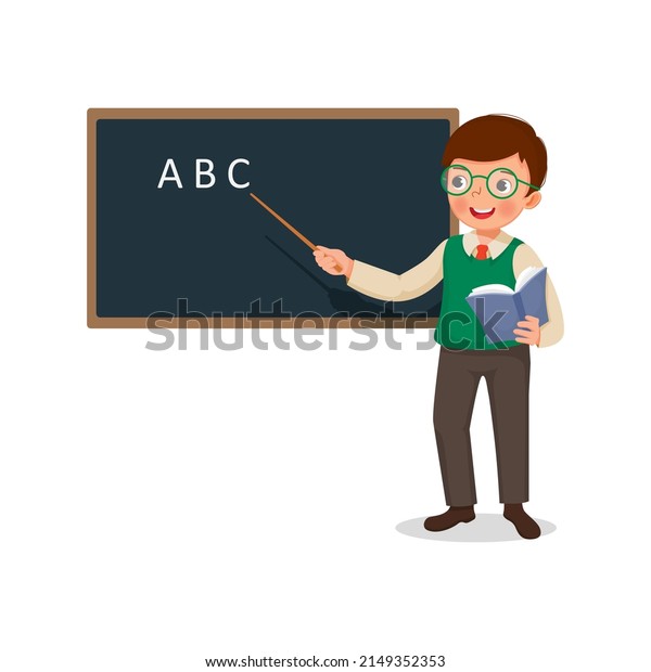 Young male teacher\
holding a stick pointer standing in front of class teaching on\
lesson at blackboard 