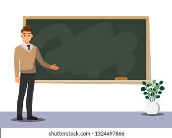 Young male teacher on lesson at blackboard in classroom,Vector illustration cartoon character.