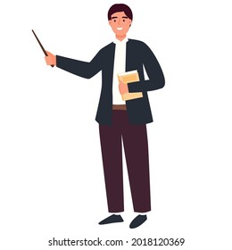 Young male teacher points out. Back to school. Cute character in a modern style.