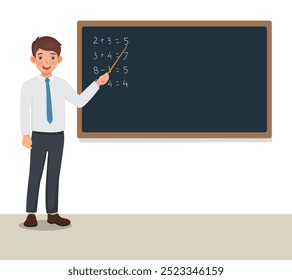 Jovem professor do sexo masculino na frente da aula ensinando aula de matemática na lousa