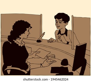 Young male teenage guy man guest ask buy ticket clerk girl cashier bank shop register checkout staff symbol line cartoon art sketch vector graphic. Greet airport post cash visit motel card table desk