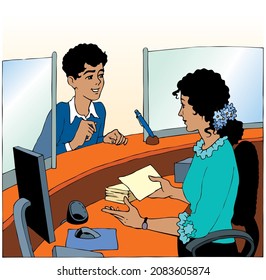 Young Male Teenage Guy Man Guest Ask Buy Ticket Clerk Girl Cashier Bank Shop Register Checkout Staff Symbol Line Cartoon Art Sketch Vector Graphic. Greet Airport Post Cash Visit Motel Card Table Desk