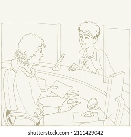 Young male teenage guy man guest ask buy ticket clerk girl cashier bank shop register checkout staff symbol line cartoon art sketch vector graphic. Greet airport post cash visit motel card table desk