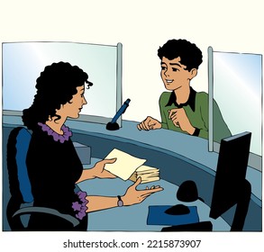 Young Male Teenage Guy Man Guest Ask Buy Ticket Clerk Girl Cashier Bank Shop Register Checkout Staff Symbol Line Cartoon Art Sketch Vector Graphic. Greet Airport Post Cash Visit Motel Card Table Desk