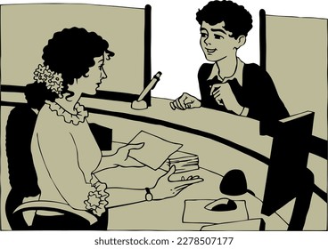 Young male teenage guy man guest ask buy ticket clerk girl cashier bank shop register checkout staff symbol line cartoon art sketch vector graphic. Greet airport post cash visit motel card table desk
