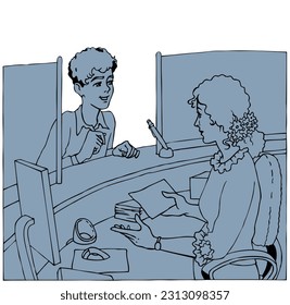 Young male teenage guy man guest ask buy ticket clerk girl cashier bank shop register checkout staff symbol line cartoon art sketch vector graphic. Greet airport post cash visit motel card table desk