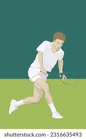 Young male tennis player wears white sportswear, shorts and polo shirt, and hits a backhand on green grass.
