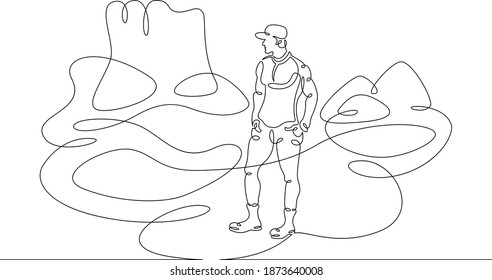 Young male tourist in a baseball cap in the desert on a background of mountains.Mountain landscape. One line continuous thick bold single drawn art doodle isolated hand drawn outline logo illustration