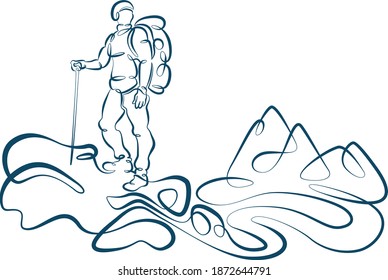 Young male tourist climber athlete with a backpack climbs the rock into the mountains. One line continuous thick bold single drawn art doodle isolated hand drawn outline logo illustration.