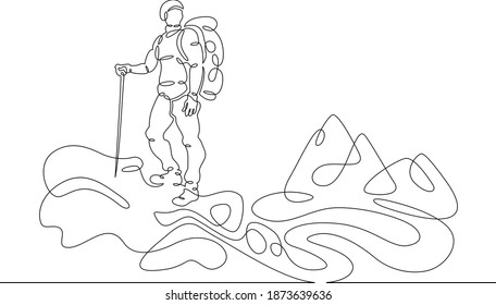 Young male tourist climber athlete with a backpack climbs the rock into the mountains. One line continuous thick bold single drawn art doodle isolated hand drawn outline logo illustration.