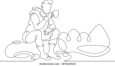 Young Male Tourist Drinks Hot Drink Coffee Tea Camping Campfire. Landscape Of Forest And Mountains.One Line Continuous Thick Bold Single Drawn Art Doodle Isolated Hand Drawn Outline Logo Illustration.