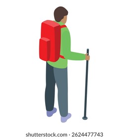 Young male tourist is enjoying his vacation by hiking in nature with a backpack and a trekking pole