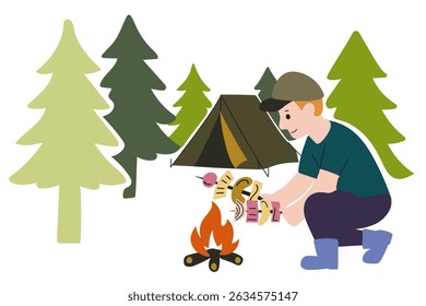 Young male tourist grilling fresh vegetables and sausages on sticks on  fire against  background of tent and forest trees. 