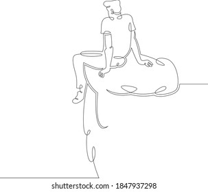 Young male tourist romantic sits the edge cliff  One continuous drawing line  logo single hand drawn art doodle isolated minimal illustration 