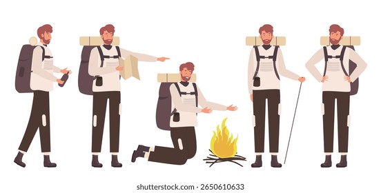 Young male tourist in various outdoor adventure poses with backpack, map, walking stick, and campfire, perfect for travel, hiking, and camping concepts isolated on white background vector illustration