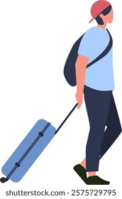 Young male tourist wearing casual clothes and a baseball cap walking with luggage and a backpack at the airport terminal, preparing to board a flight for business or vacation