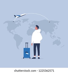 Young male traveler looking at the map, back view. Flight. Destination. Tourism. Flat editable vector illustration, clip art