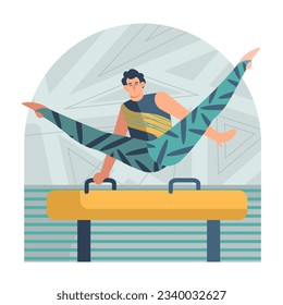 Young male in uniform doing gymnastic exercise in gym. Gymnasts training before competitions. Active lifestyle concept. Flat vector illustration in cartoon style in yellow and blue colors