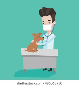 Young male veterinarian examining dog in hospital. Veterinarian checking heartbeat of a dog with stetoscope. Concept of medicine and pet care. Vector flat design illustration. Square layout.