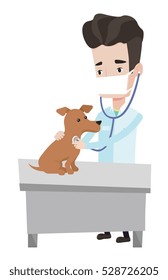 Young male veterinarian examining dog in hospital. Veterinarian checking heartbeat of a dog. Caucasian veterinarian using stethoscope. Vector flat design illustration isolated on white background.