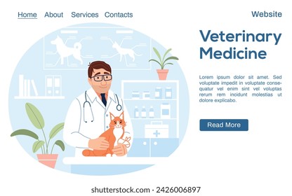 Young male veterinarian holding cute cat with injured paw on pet hospital background. Veterinary medicine landing page. Flat line website design template. Vet clinic internet page vector illustration.
