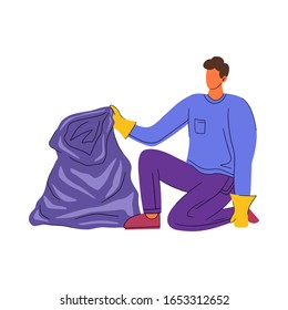 Young male volunteer collects garbage while squatting, holding a garbage bag. Cartoon simple flat style. Vector illustration.