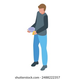 Young male volunteer holding donation box with money and giving golden coin