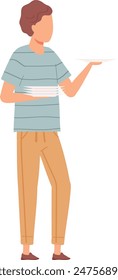 Young male waiter balancing stack plates. Casual outfit, brown hair, striped shirt, beige pants. Flat cartoon style, isolated white background