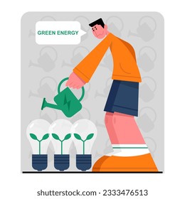 Young male watering bulbs. Energy consumption in household. Characters using energy efficient devices. Power save concept. Flat vector illustration in cartoon style