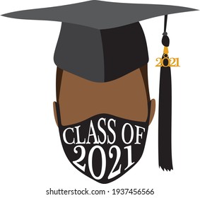 Young Male Wearing Black Graduation Cap And Covid 19 Face Mask Graduating From High School Or College Year 2021