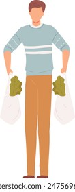 Hombre joven que lleva suéter azul, pantalones marrones, sosteniendo bolsos de compras, verdes frondosos, de pie en el interior, Vector, ilustración, fondo blanco aislado