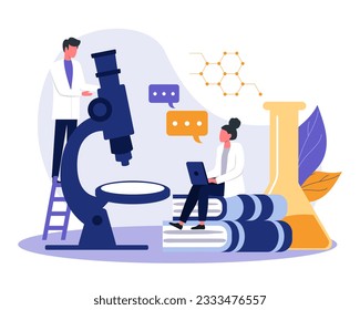 Young male in white coat examine DNA structure with microscope. Female typing results on laptop. Analysis and testing in laboratory. Flat vector illustration in blue and yellow colors