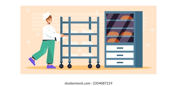 Young male in white uniform and protective hat working near rack with bread. Concept of baking loaves in bakery. Baking bread. Vector Illustration in cartoon style