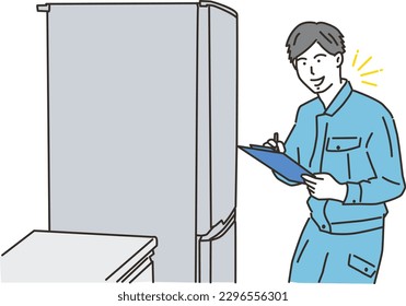 A young male worker checking the refrigerator in the kitchen with a smile