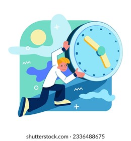 Young male worker pushing big clock. Work productivity, workflow. Time organization concept. Effective work scheduling. Flat vector illustration in blue colors in cartoon style