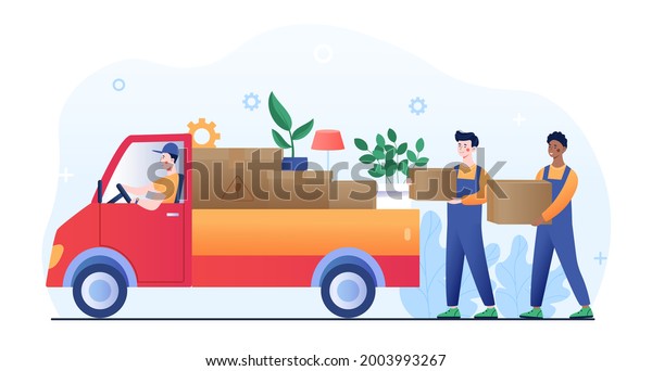 Young male workers are loading stuff in a\
truck as a moving home service. Concept of moving home service,\
pick up box car loading home furniture. Truck full of boxes. Flat\
cartoon vector\
illustration