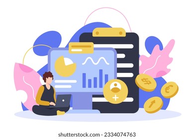 Young male working with diagram and charts on laptop. Online banking concept. Protection and security of banking operations. Financial development concept. Flat vector illustration in cartoon style