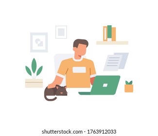 A young male is working from home using a laptopa ccompanied by his lovely cat