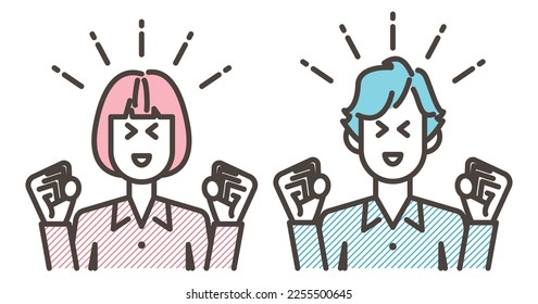 Young male-female couple fist pumping [Vector illustration].