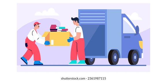 Muchachos jóvenes sosteniendo una caja grande con libros y llevándola a un camión. Ayudando a moverse. Concepto de transporte y entrega. Ilustración vectorial plana en colores azules en estilo de dibujos animados
