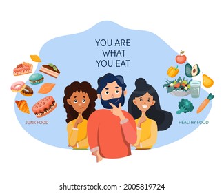 Young man and 2 girls choose between healthy and unhealthy food. They eat healthy food. Vector illustration in cartoon style. You are what you eat.Vector conceptual illustration of a healthy lifestyle