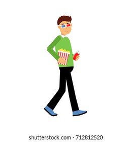 Young man in 3d glasses with popcorn going to the cinema vector Illustration