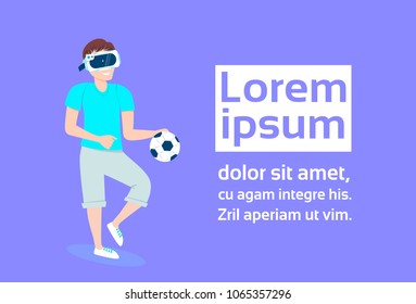 Hombre Joven En Glass De Realidad Virtual 3d Juega Fútbol Sobre El Fondo Con El Concepto De Tecnología De Vr Moderno Y De Espacio De Copia
