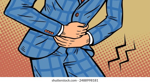 Young man with abdominal pain. Stress and poor nutrition. Health problems and hunger. Cartoon vector illustration. Pop art comic style. Hand drawn outline