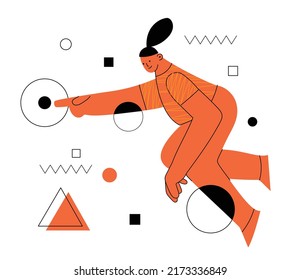 Junge Menschen mit abstrakten geometrischen Formen. Teambuilding und Teamwork Konzept. Unternehmenspartnerschaft, Zusammenarbeit und Kommunikation. Moderner, flacher Cartoon-Stil.
