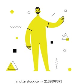 Young man with abstract geometric shapes. Team building and teamwork concept. Business partnership, cooperation and communication. Modern flat cartoon style.