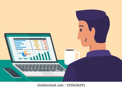 Young Man Accountant Work with Spreadsheet Program on Laptop Screen in Office Financial Flat Vector Illustration. Can be Used for Digital and Printable Infographic