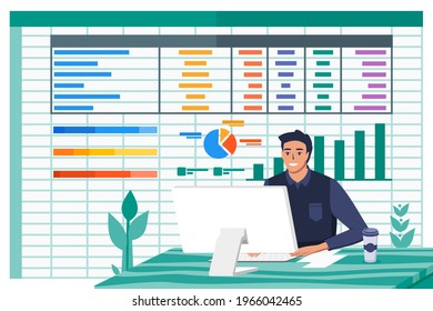 Young Man Accountant Work with Spreadsheet Paperwork Program on Computer Screen in Office Financial Flat Vector Illustration. Can be Used for Digital and Printable Infographic